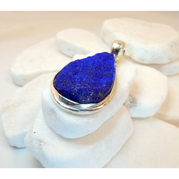 Natural Deep Blue Raw Lapis Lazuli 925 Sterling Silver Pendant - Picture 3 of 5